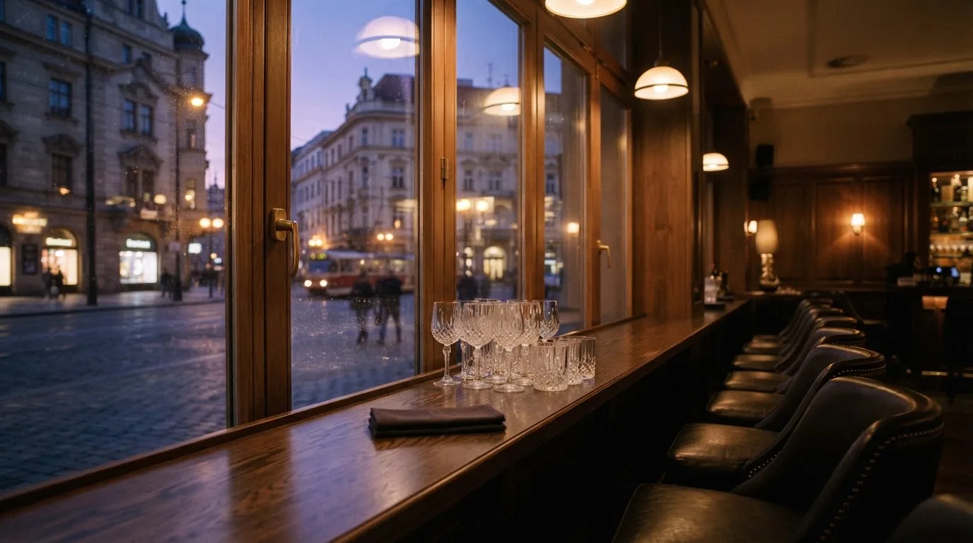 Pogled kroz prozor casina na večernji grad, bar s čašama i praznim stolicama, topla svjetla.