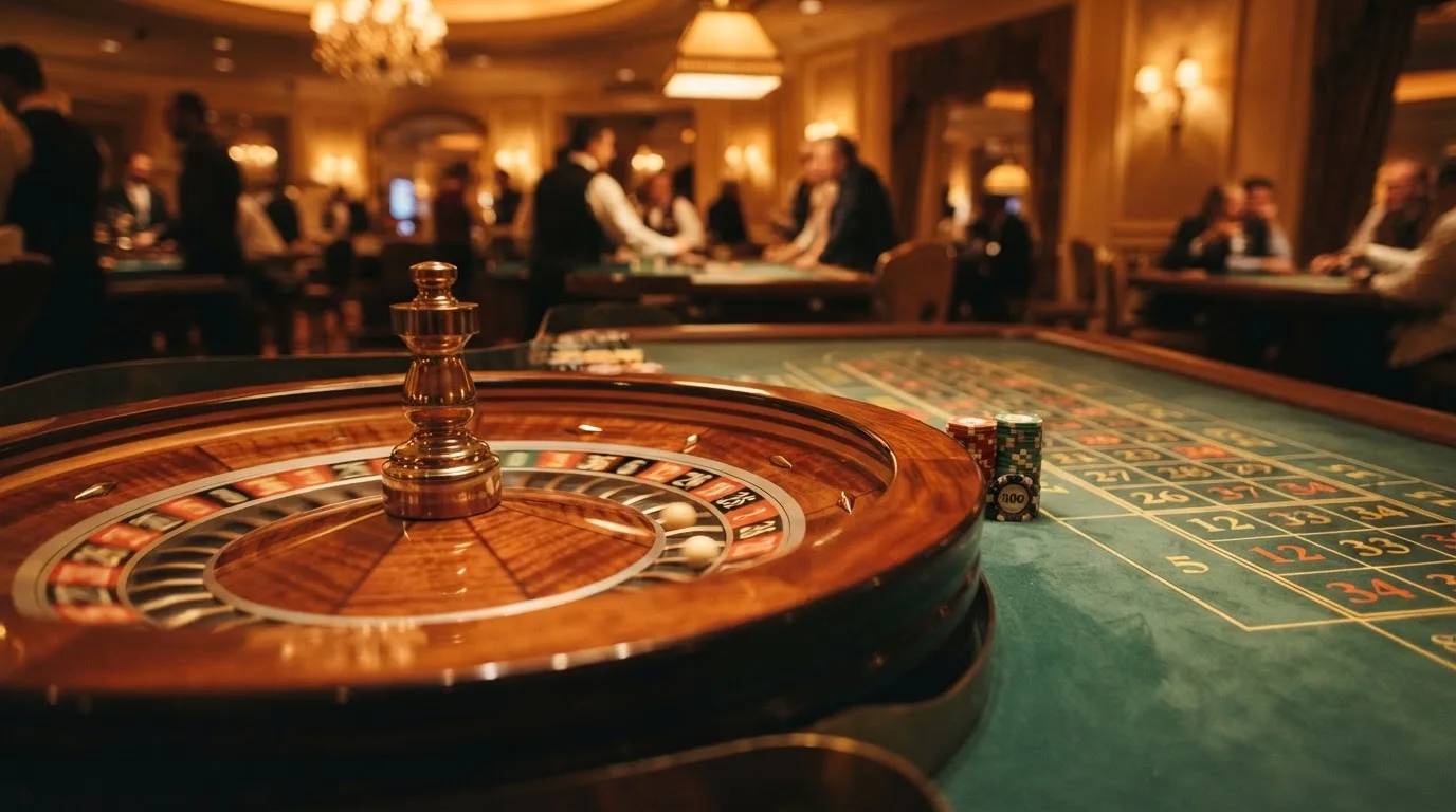 Kotač ruleta i žetoni na zelenom suknu pod toplim večernjim svjetlom — besplatni casina u hrvatskoj