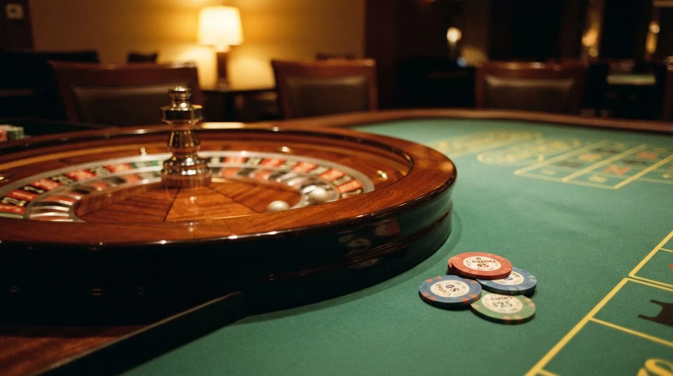 Kotač ruleta i žetoni na zelenom suknu pod toplim večernjim svjetlom — blackjack casina u hrvatskoj