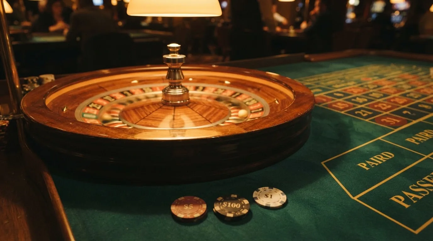 Kotač ruleta i žetoni na zelenom suknu pod toplim večernjim svjetlom — bonusi bez depozita u kasinu