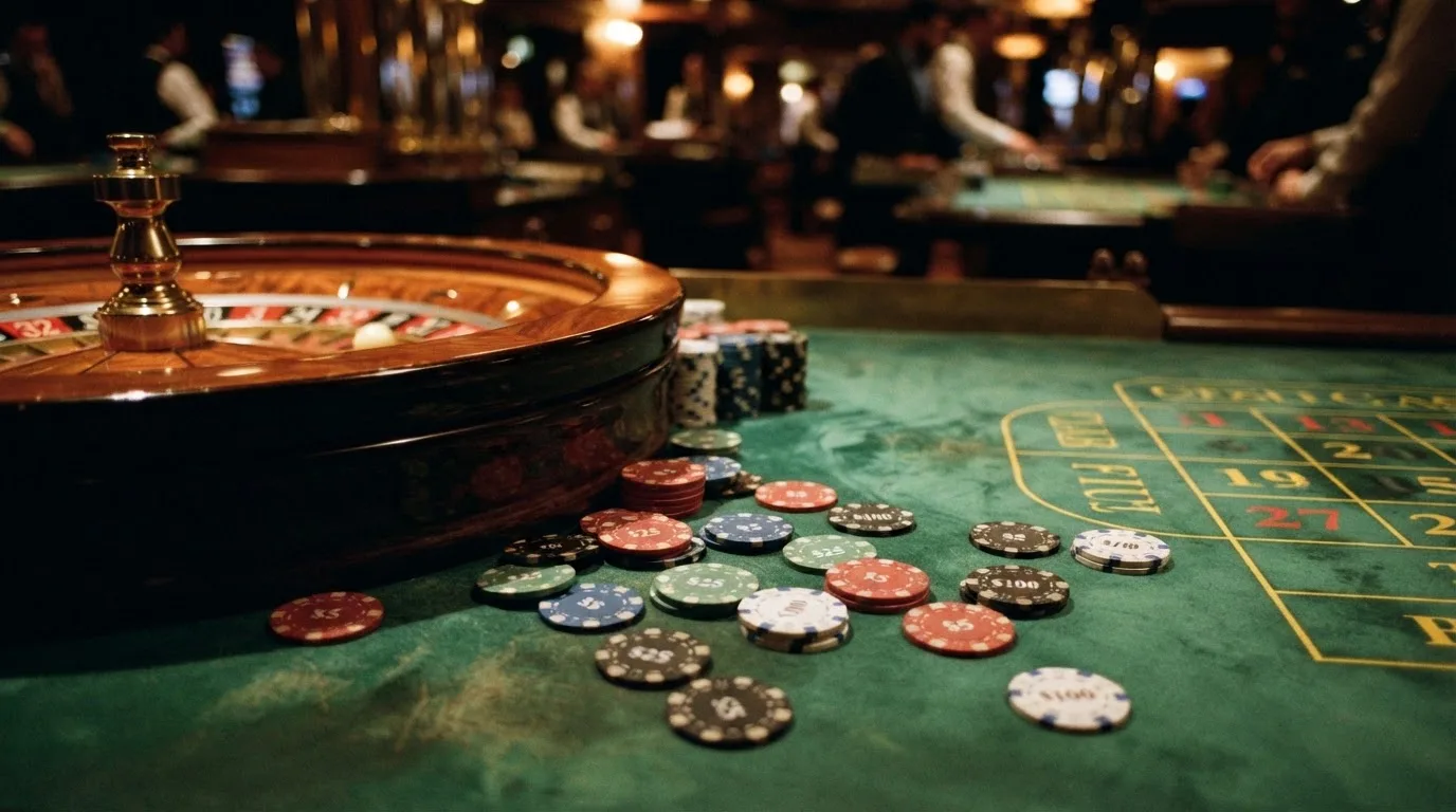 Kotač ruleta i žetoni na zelenom suknu pod toplim večernjim svjetlom — casina za android u hrvatskoj