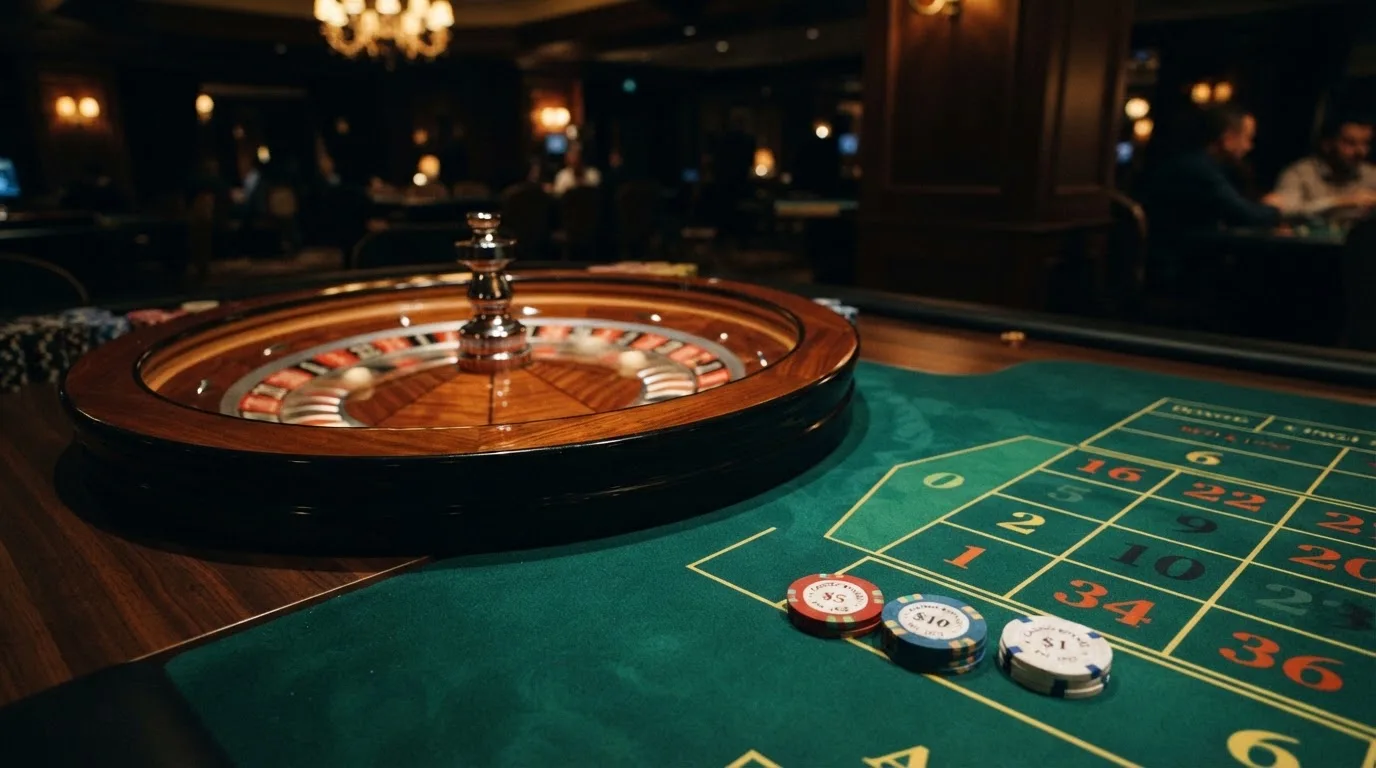 Kotač ruleta i žetoni na zelenom suknu pod toplim večernjim svjetlom — casina za iphone u hrvatskoj