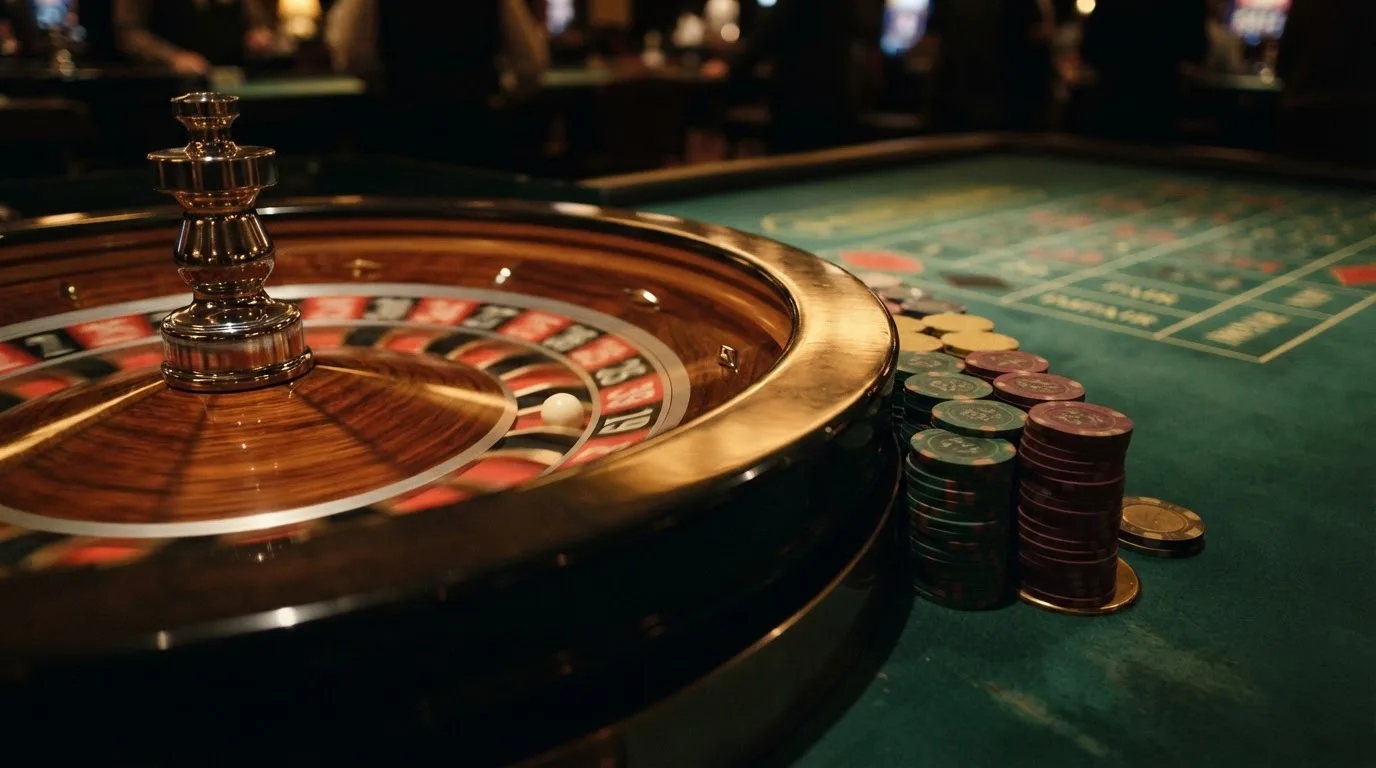 Kotač ruleta i žetoni na zelenom suknu pod toplim večernjim svjetlom — casino aparati u hrvatskoj