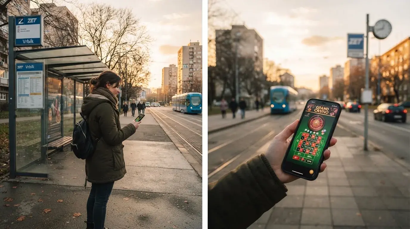 Osoba na autobusnoj stanici u Zagrebu čeka autobus i drži mobitel u ruci, kasno poslijepodne.