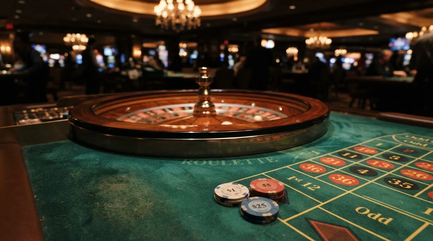 Kotač ruleta i žetoni na zelenom suknu pod toplim večernjim svjetlom — casino bez registracije u hrvatskoj