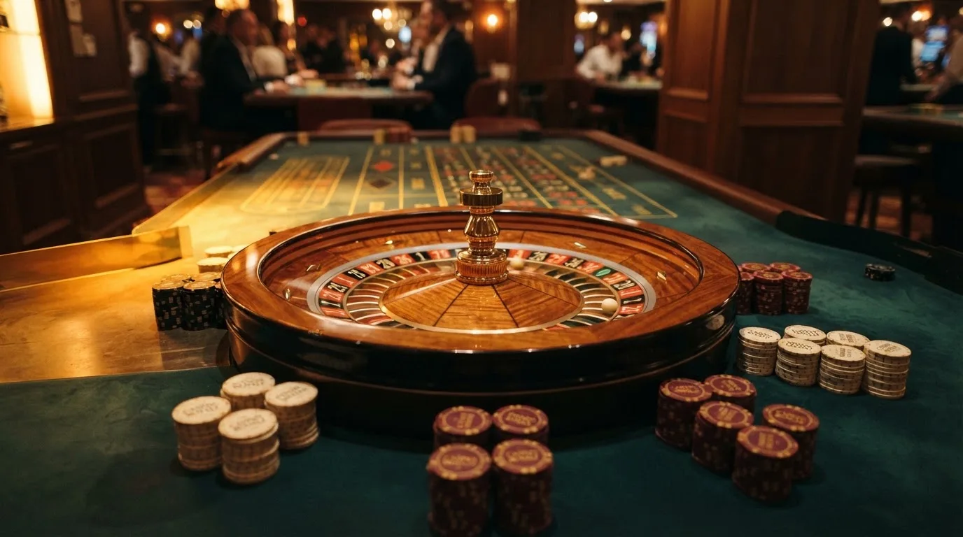 Kotač ruleta i žetoni na zelenom suknu pod toplim večernjim svjetlom — casino igre u hrvatskoj