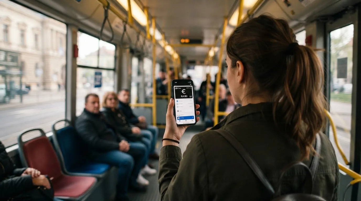 Žena u zagrebačkom tramvaju drži pametni telefon, putnici u pozadini zamućeni, dnevno svjetlo kroz prozore.