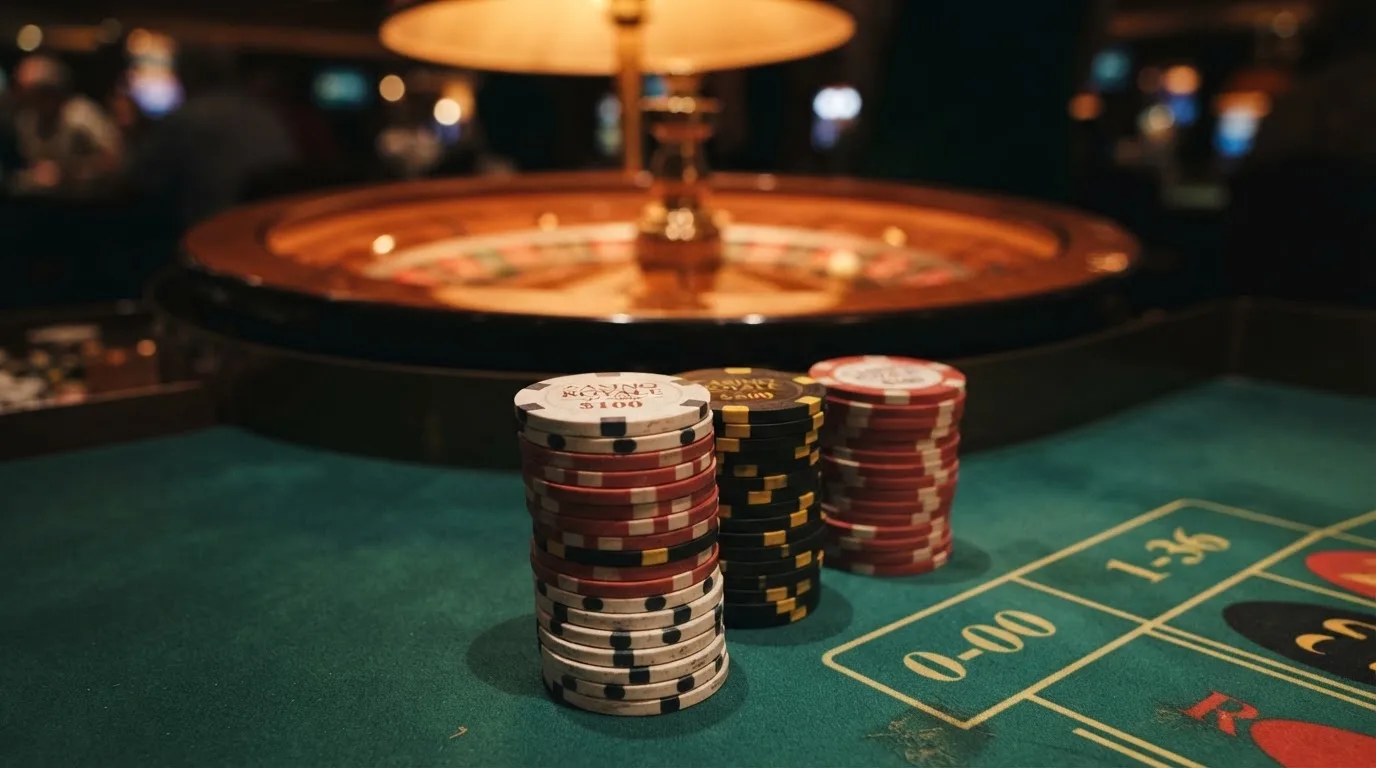 Kotač ruleta i žetoni na zelenom suknu pod toplim večernjim svjetlom — casino s bankovnim transferima