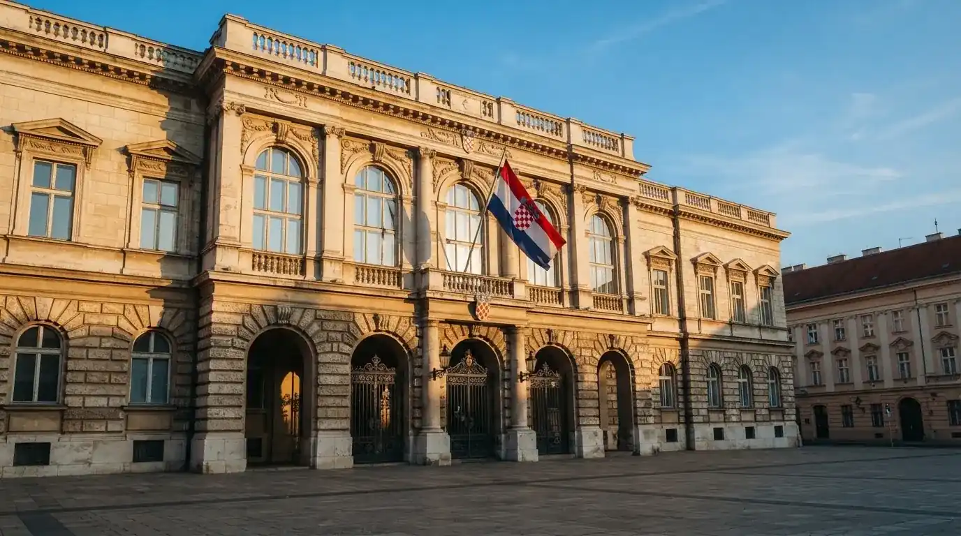 Fasada državne zgrade s lukovima i hrvatskom zastavom u sjaju poslijepodneva, bez ljudi.