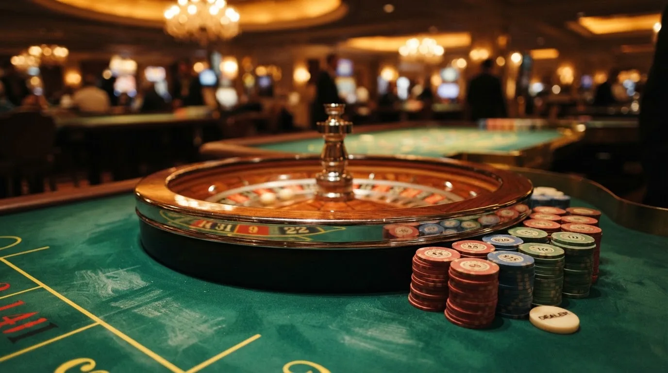 Kotač ruleta i žetoni na zelenom suknu pod toplim večernjim svjetlom — casino stranice u hrvatskoj