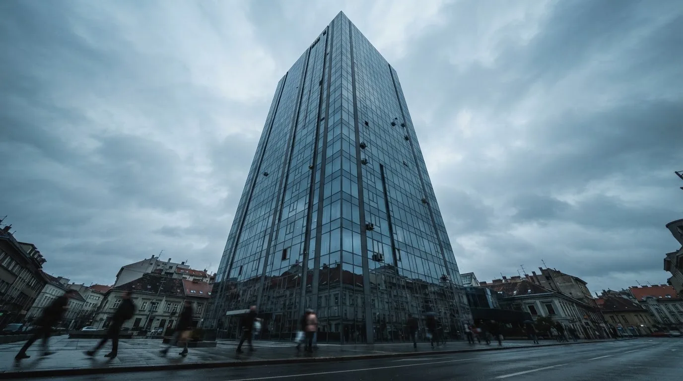 Neboder u središtu Zagreba s odsjajem neba na staklenom pročelju, snimljen s razine ulice.