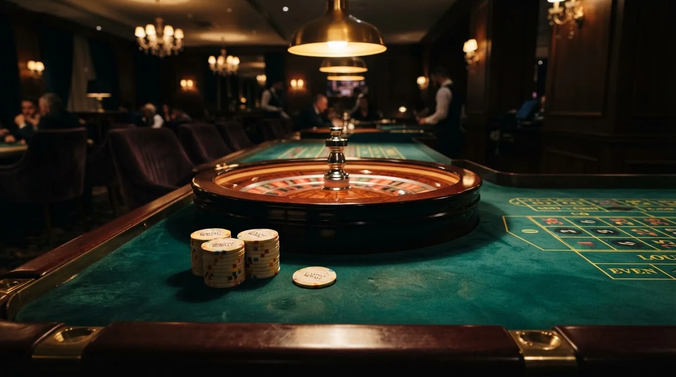 Kotač ruleta i žetoni na zelenom suknu pod toplim večernjim svjetlom — ethereum casino u hrvatskoj