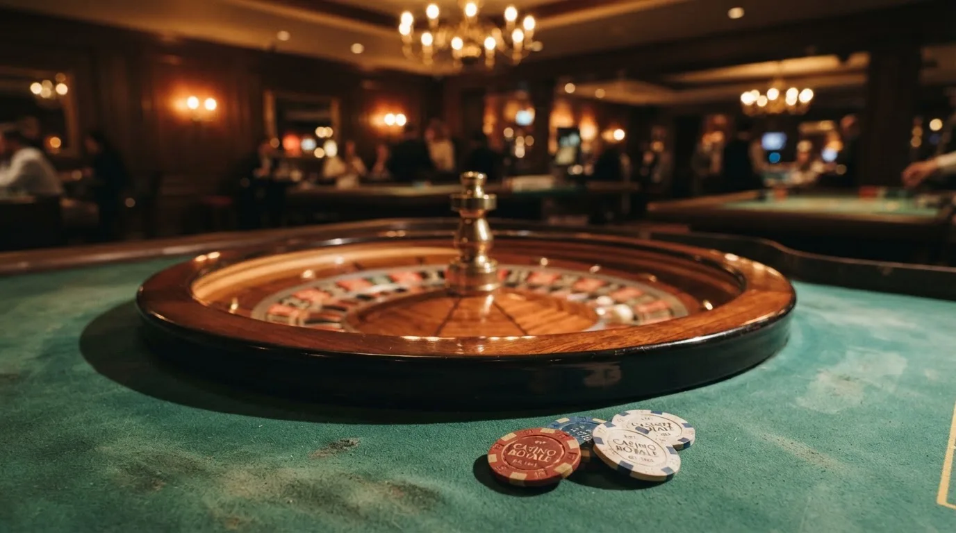 Kotač ruleta i žetoni na zelenom suknu pod toplim večernjim svjetlom — igrati blackjack u hrvatskoj
