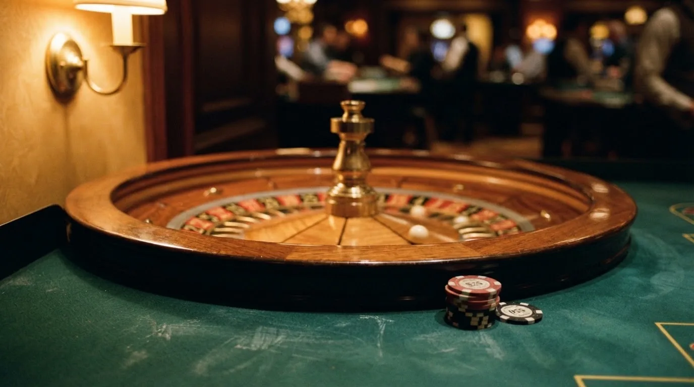 Kotač ruleta i žetoni na zelenom suknu pod toplim večernjim svjetlom — kombinacije za rulet