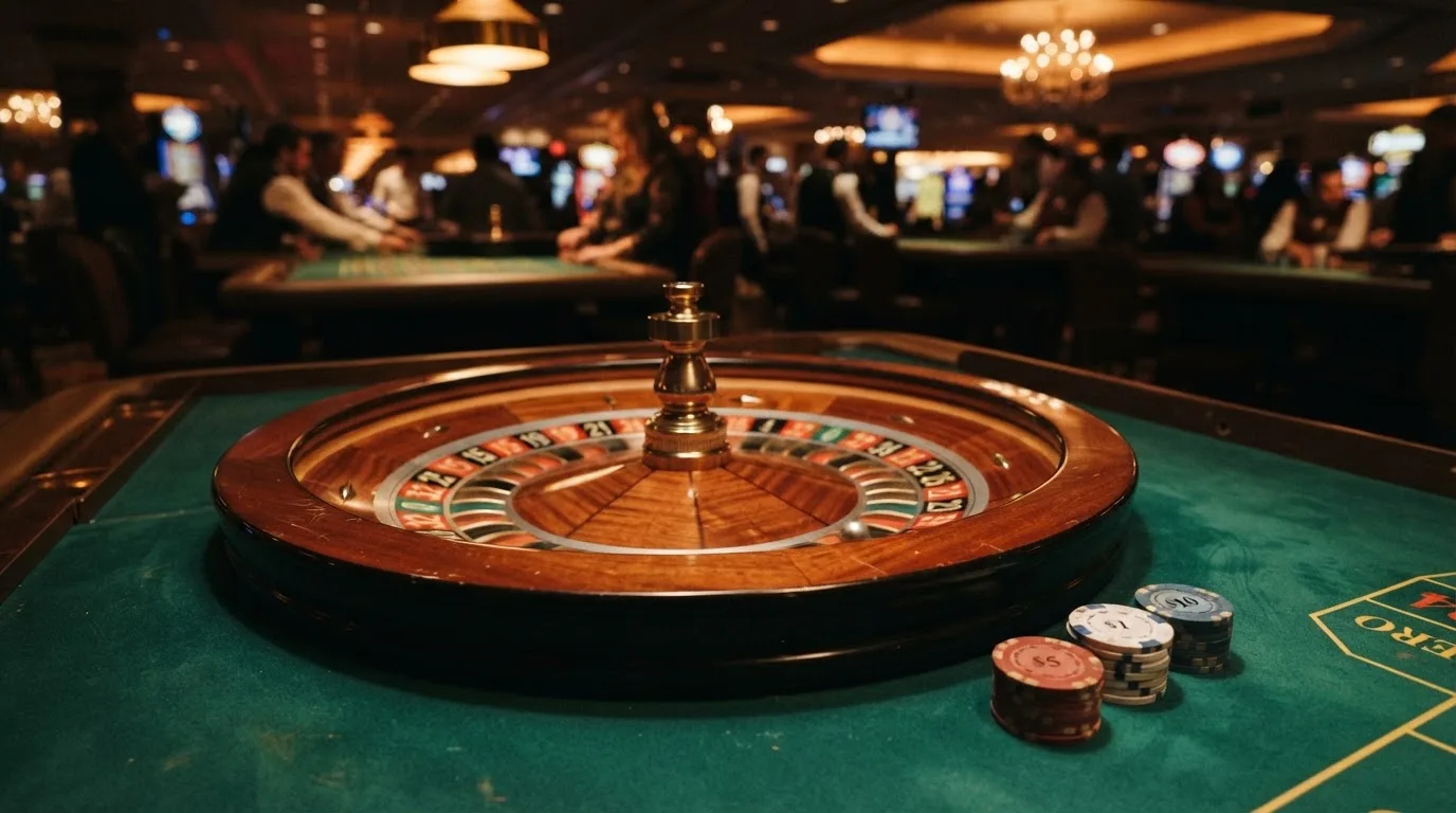 Kotač ruleta i žetoni na zelenom suknu pod toplim večernjim svjetlom — litecoin casino u hrvatskoj