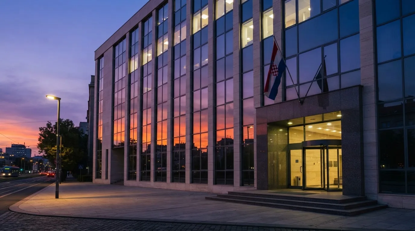Fasada moderne državne zgrade u Zagrebu s ravnim staklenim pročeljem i hrvatskom zastavom, snimljena u sumrak.